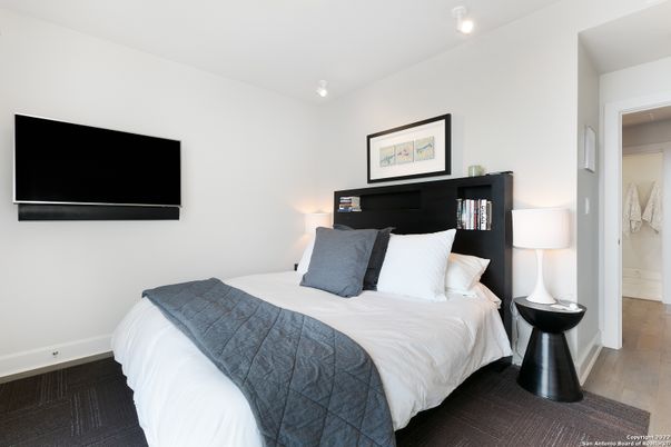 Bedroom, Interior, Recessed Lighting, Wood Texture Flooring
