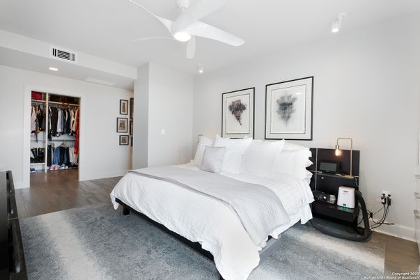 Bedroom, Interior, Recessed Lighting, Wood Texture Flooring