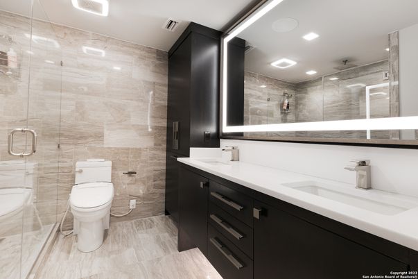 Bathroom, Dual Sink Vanities, Glass Shower, Interior, Recessed Lighting