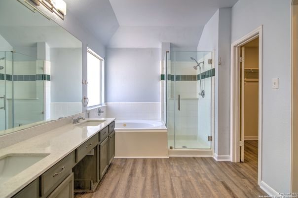 Bathroom, Dual Sink Vanities, Glass Shower, Interior, Wood Texture Flooring