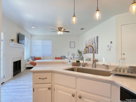 Fireplace, Interior, Kitchen, Living room, Pendant Lights, Recessed Lighting, Wood Texture Flooring