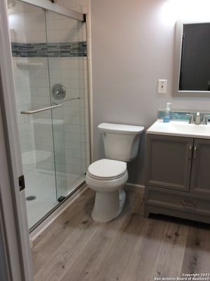 Bathroom, Glass Shower, Interior, Wood Texture Flooring
