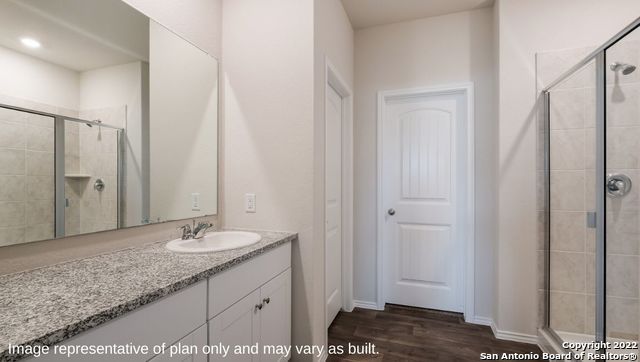 Bathroom, Glass Shower, Interior, Recessed Lighting, Wood Texture Flooring