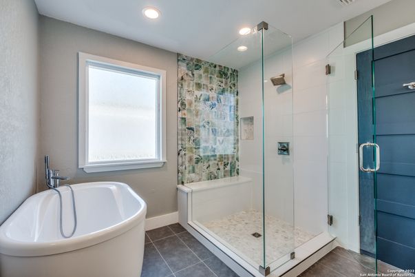 Bathroom, Free Standing Baths, Glass Shower, Interior, Recessed Lighting
