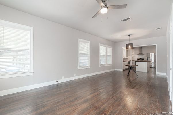 Empty room, Interior, Kitchen, Pendant Lights, Wood Texture Flooring