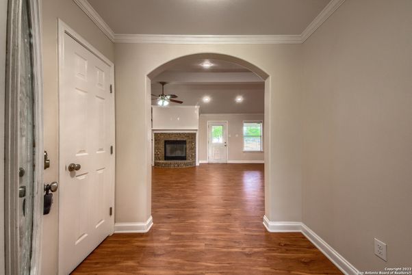 Empty room, Fireplace, Interior, Recessed Lighting, Wood Texture Flooring