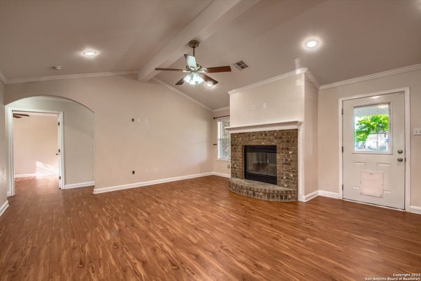 Empty room, Fireplace, Interior, Recessed Lighting, Wood Texture Flooring