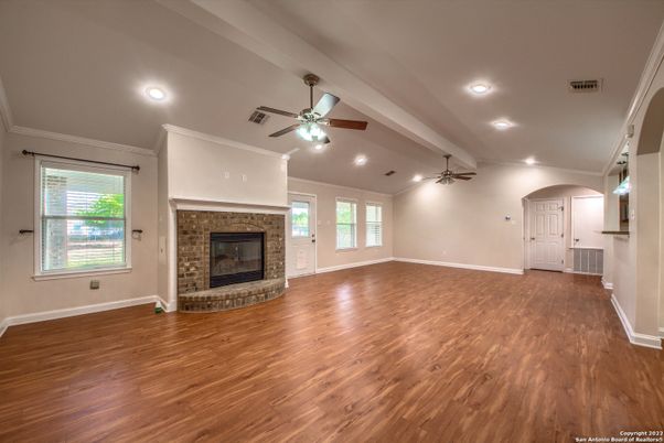 Empty room, Fireplace, Interior, Recessed Lighting, Wood Texture Flooring
