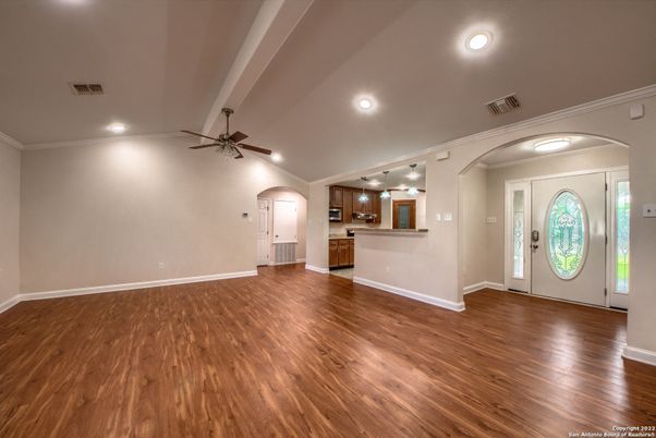 Empty room, Interior, Kitchen, Recessed Lighting, Wood Texture Flooring