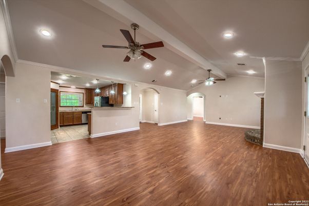 Empty room, Interior, Kitchen, Recessed Lighting, Wood Texture Flooring