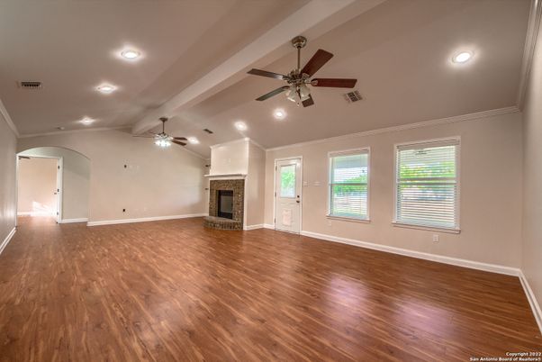 Empty room, Fireplace, Interior, Recessed Lighting, Wood Texture Flooring