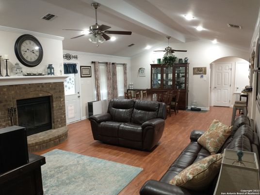 Fireplace, Interior, Living room, Recessed Lighting, Wood Texture Flooring