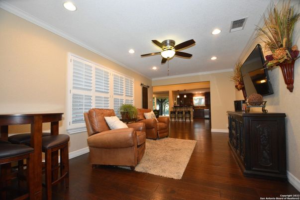 Dining room, Interior, Living room, Recessed Lighting, Wood Texture Flooring
