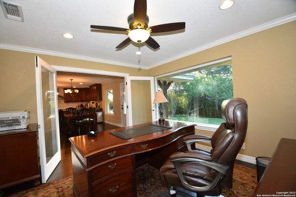 Chandelier, Home Office, Interior, Recessed Lighting, Wood Texture Flooring