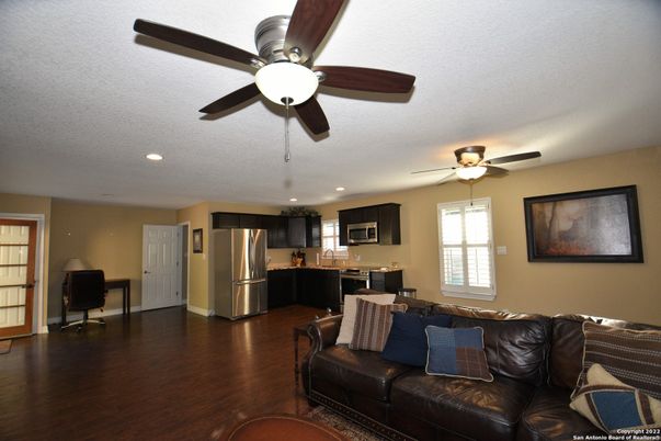 Interior, Kitchen, Living room, Recessed Lighting, Stainless Steel Appliances, Wood Texture Flooring
