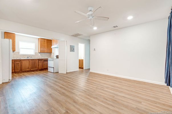 Empty room, Interior, Kitchen, Recessed Lighting, Wood Texture Flooring