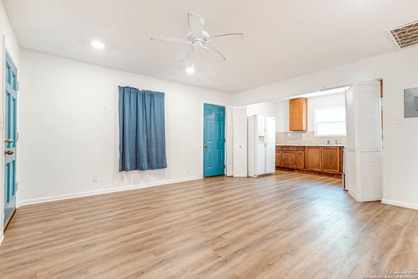 Empty room, Interior, Kitchen, Recessed Lighting, Wood Texture Flooring