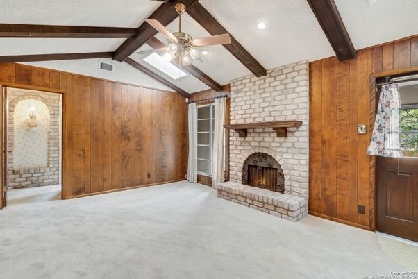 Empty room, Fireplace, Interior, Recessed Lighting, Stone Walls, Wooden Beams, Wooden Walls