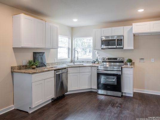 Interior, Kitchen, Recessed Lighting, Stainless Steel Appliances, Wood Texture Flooring