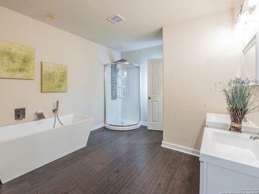 Bathroom, Free Standing Baths, Glass Shower, Interior, Wood Texture Flooring