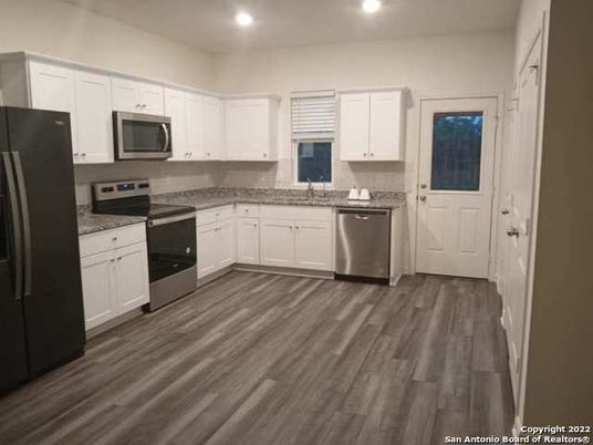 Interior, Kitchen, Recessed Lighting, Stainless Steel Appliances, Wood Texture Flooring