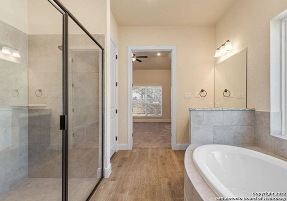 Bathroom, Glass Shower, Interior, Recessed Lighting, Wood Texture Flooring