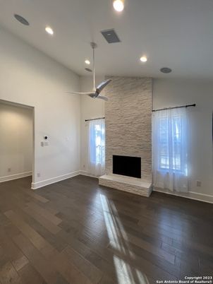 Empty room, Fireplace, Interior, Recessed Lighting, Wood Texture Flooring