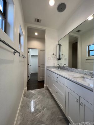 Bathroom, Dual Sink Vanities, Interior, Marble, Recessed Lighting
