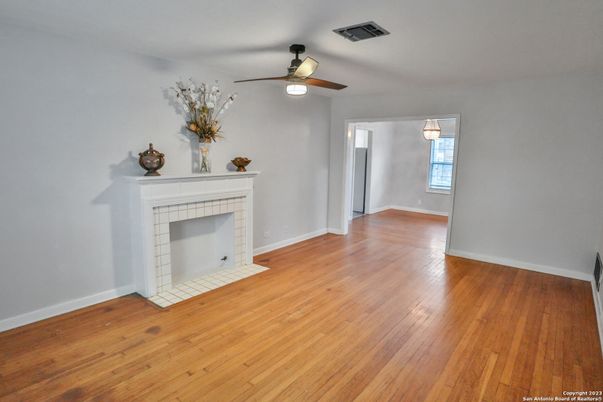 Empty room, Fireplace, Interior, Pendant Lights, Wood Texture Flooring