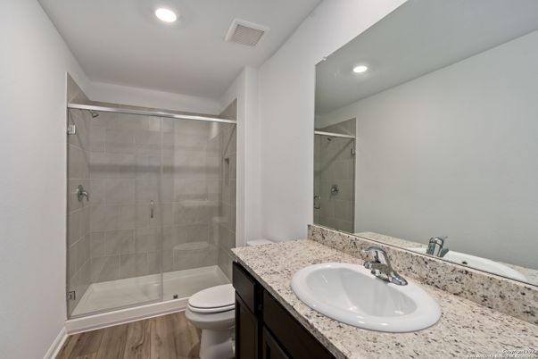 Bathroom, Glass Shower, Interior, Recessed Lighting, Wood Texture Flooring