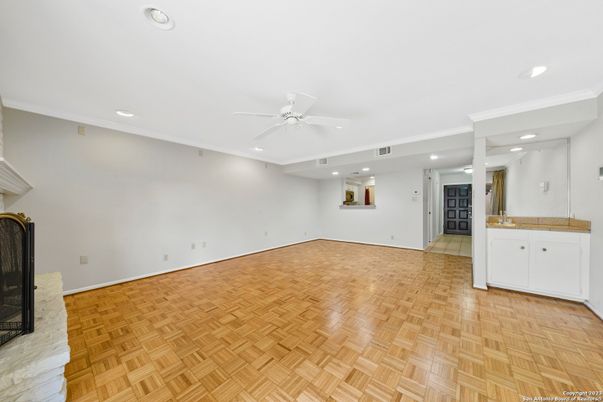 Empty room, Fireplace, Interior, Recessed Lighting, Wood Texture Flooring