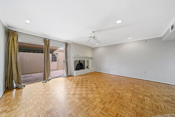 Empty room, Fireplace, Interior, Recessed Lighting, Wood Texture Flooring