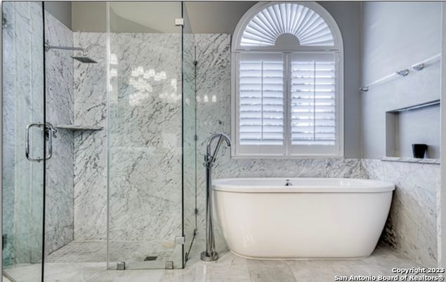 Bathroom, Free Standing Baths, Glass Shower, Interior, Marble Walls