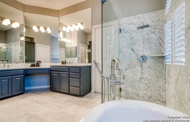 Bathroom, Dual Sink Vanities, Glass Shower, Interior, Marble Walls