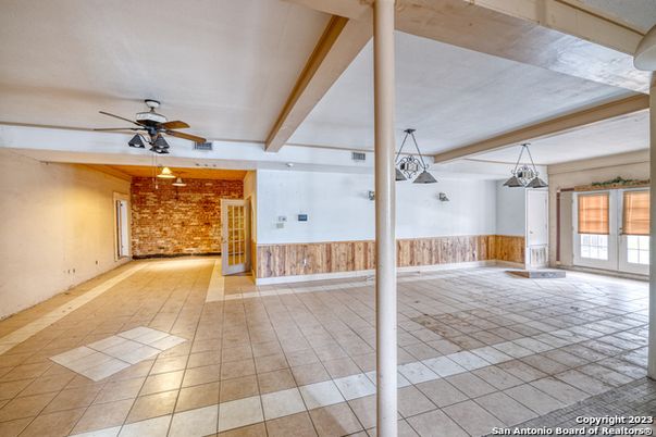 Empty room, Interior, Pendant Lights, Stone Walls, Wooden Beams