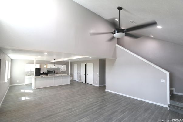 Empty room, Interior, Kitchen, Pendant Lights, Recessed Lighting, Wood Texture Flooring