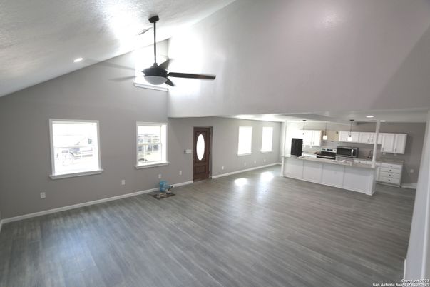 Empty room, Interior, Kitchen, Pendant Lights, Recessed Lighting, Wood Texture Flooring