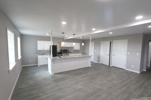 Interior, Kitchen, Pendant Lights, Recessed Lighting, Wood Texture Flooring