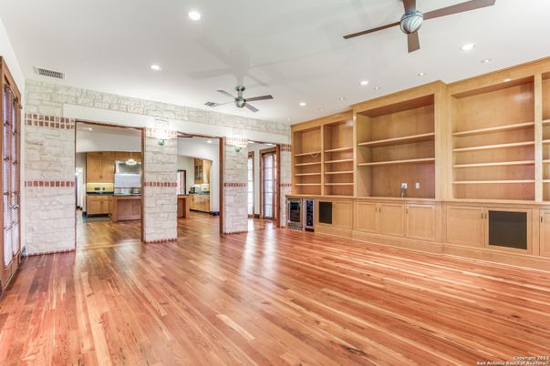 Empty room, Interior, Kitchen, Recessed Lighting, Stone Walls, Wood Texture Flooring