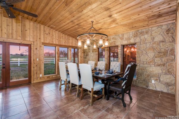 Dining room, Interior, Pendant Lights, Stone Walls, Wooden Ceilings, Wooden Walls