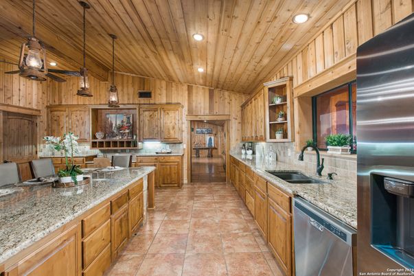Interior, Kitchen, Pendant Lights, Recessed Lighting, Stainless Steel Appliances, Wooden Ceilings