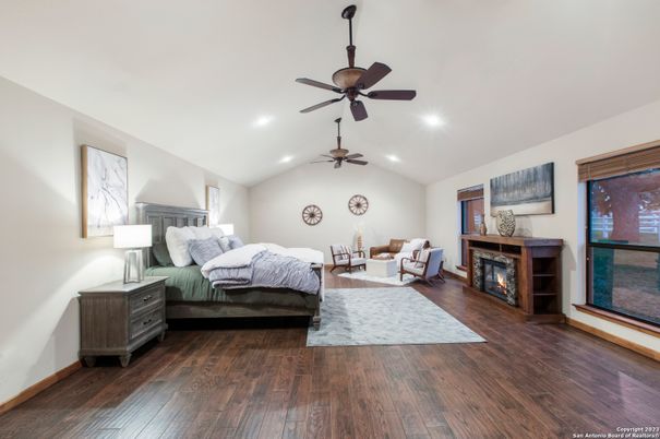 Bedroom, Fireplace, Interior, Recessed Lighting, Wood Texture Flooring
