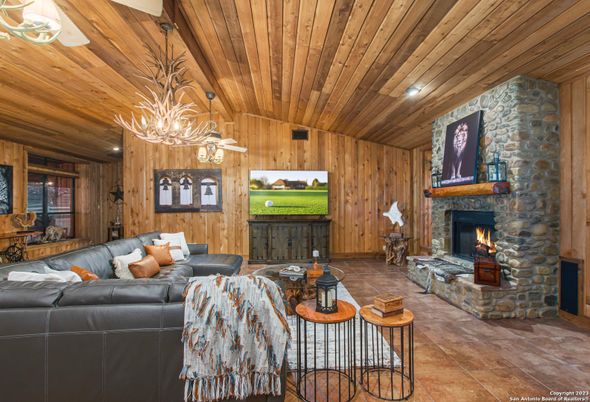 Fireplace, Interior, Living room, Pendant Lights, Stone Walls, Wooden Ceilings, Wooden Walls