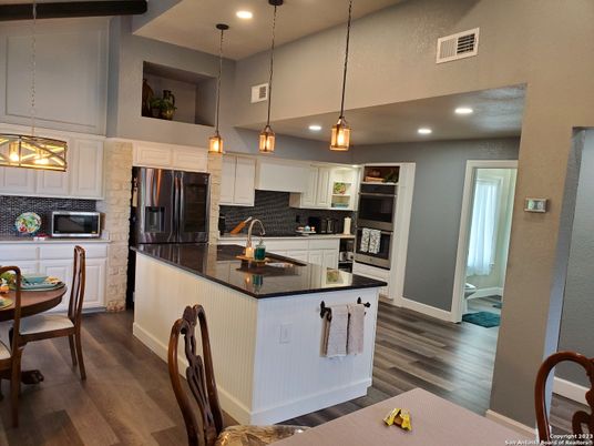 Interior, Kitchen, Pendant Lights, Recessed Lighting, Stainless Steel Appliances, Wood Texture Flooring