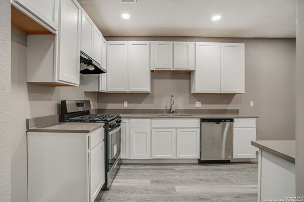 Interior, Kitchen, Recessed Lighting, Stainless Steel Appliances, Wood Texture Flooring