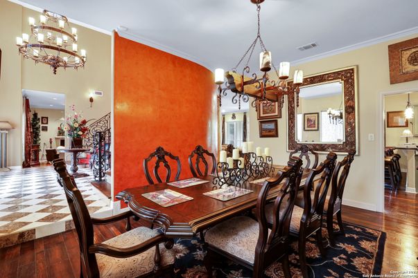 Chandelier, Dining room, Interior, Wood Texture Flooring
