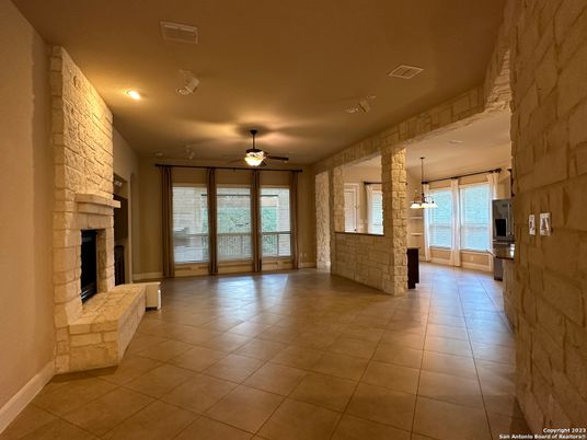 Fireplace, Interior, Pendant Lights, Recessed Lighting, Stone Walls