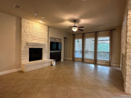 Empty room, Fireplace, Interior, Recessed Lighting, Stone Walls