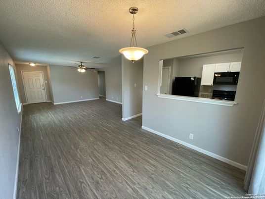 Empty room, Interior, Kitchen, Pendant Lights, Wood Texture Flooring