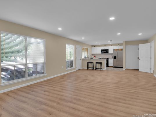 Empty room, Interior, Kitchen, Recessed Lighting, Wood Texture Flooring